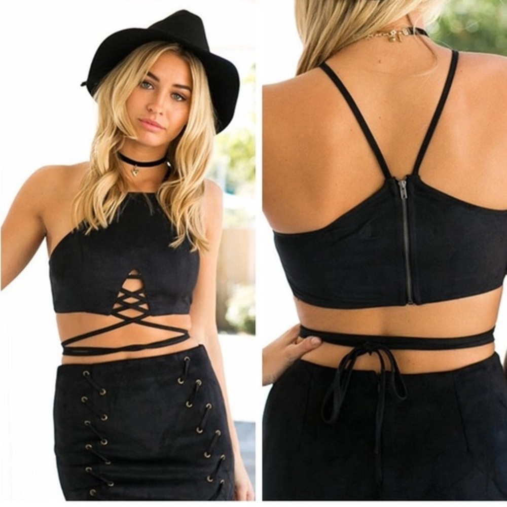 Black suede tie up crop
